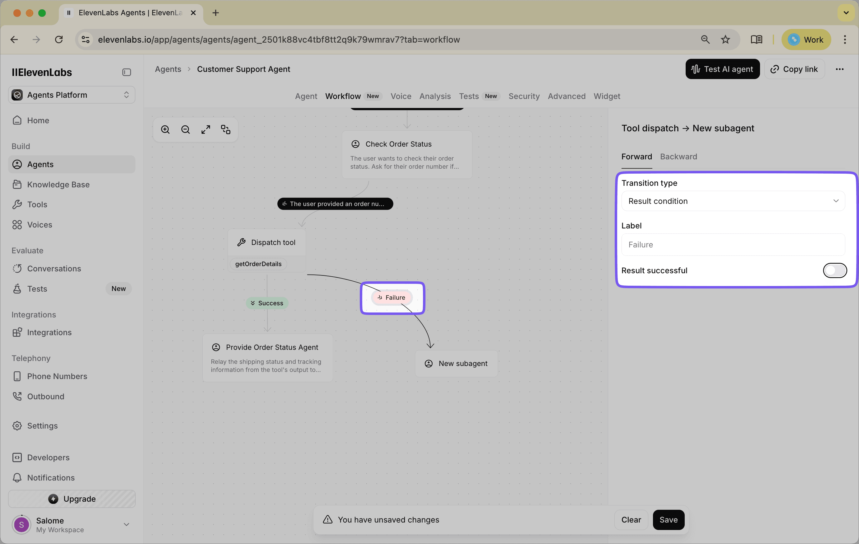 Result condition configuration for a failed tool execution.