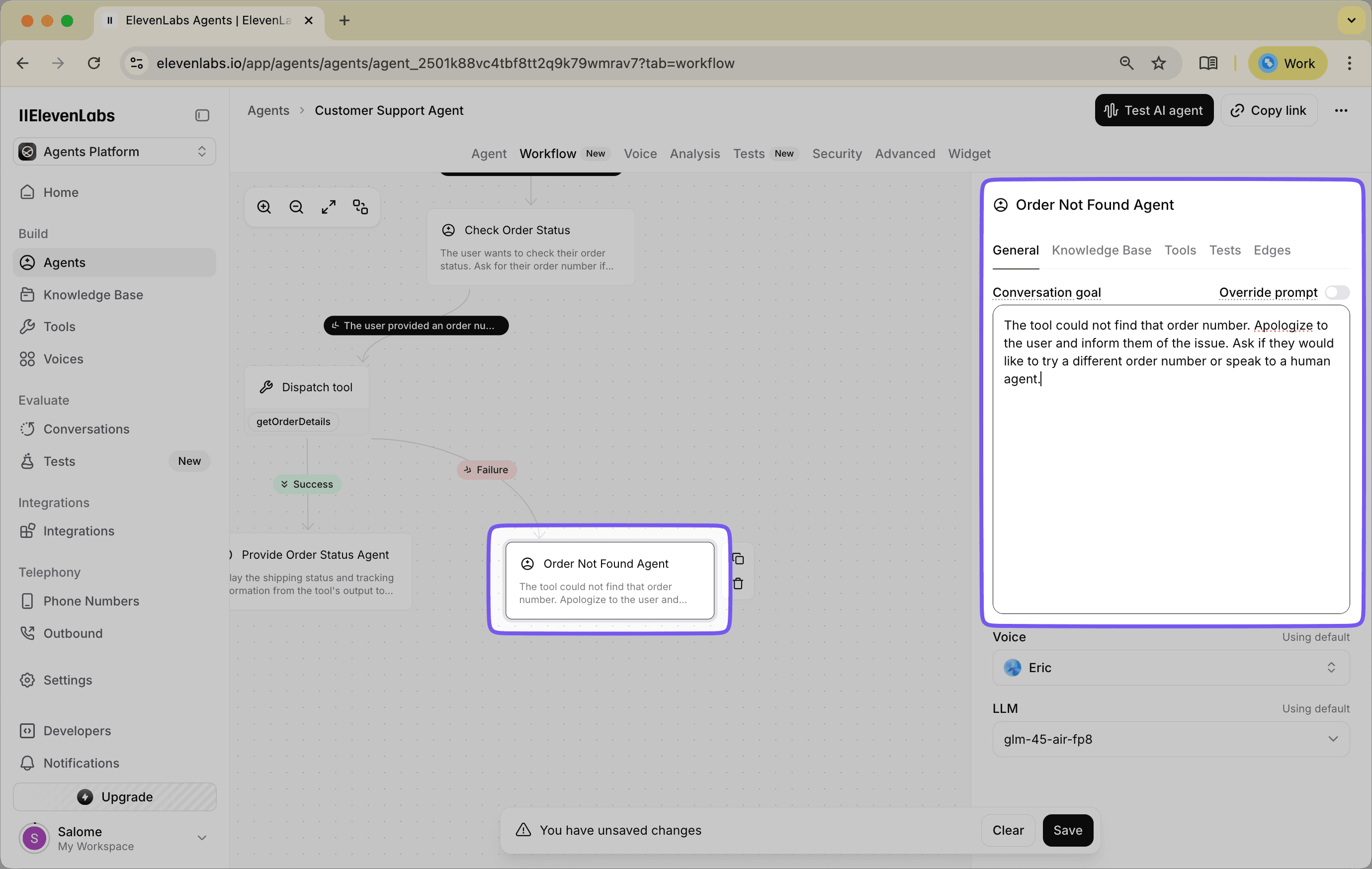 Subagent prompt configuration for handling a 'not found' order.