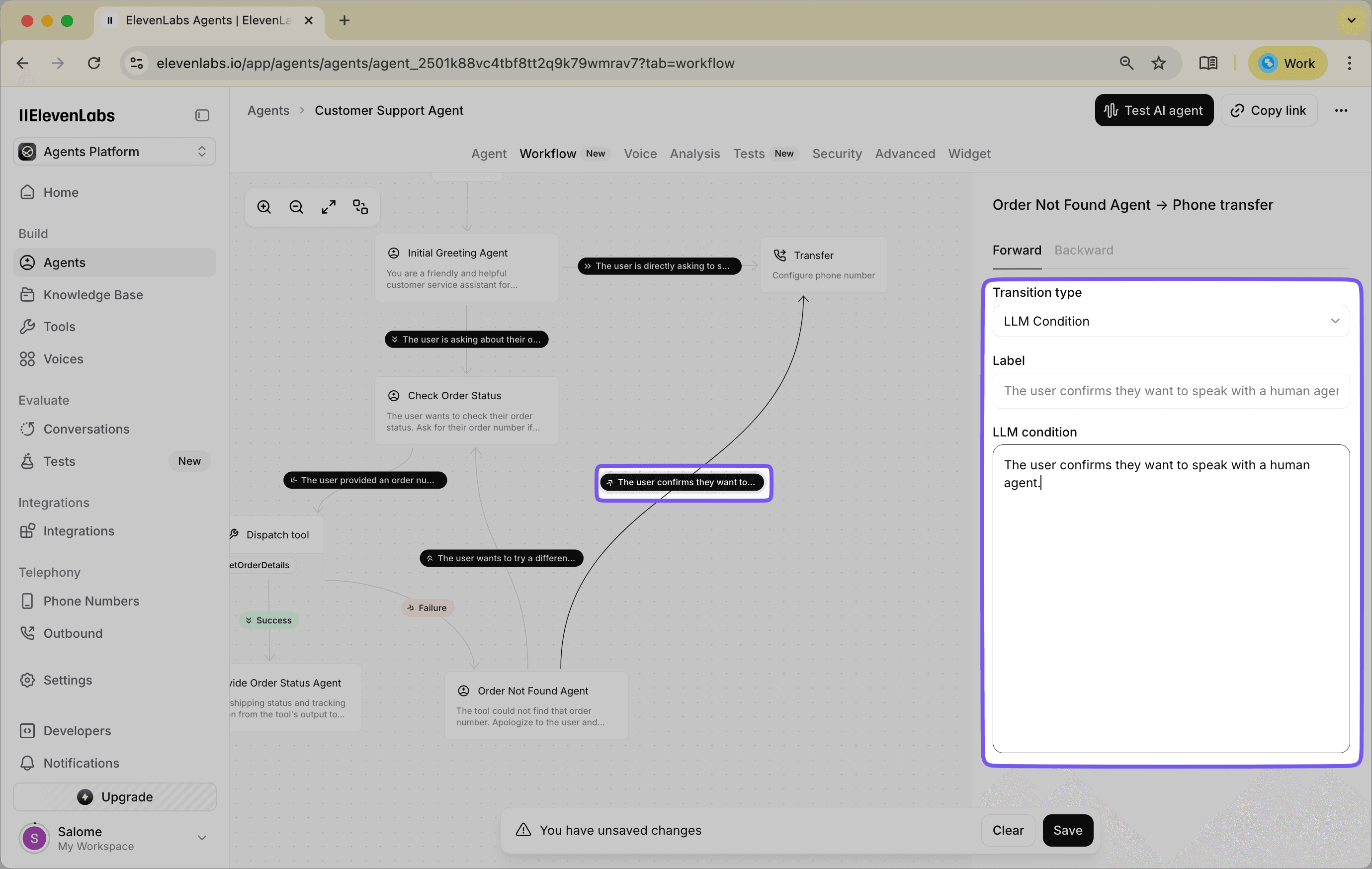 LLM Condition configuration for a human handoff path.