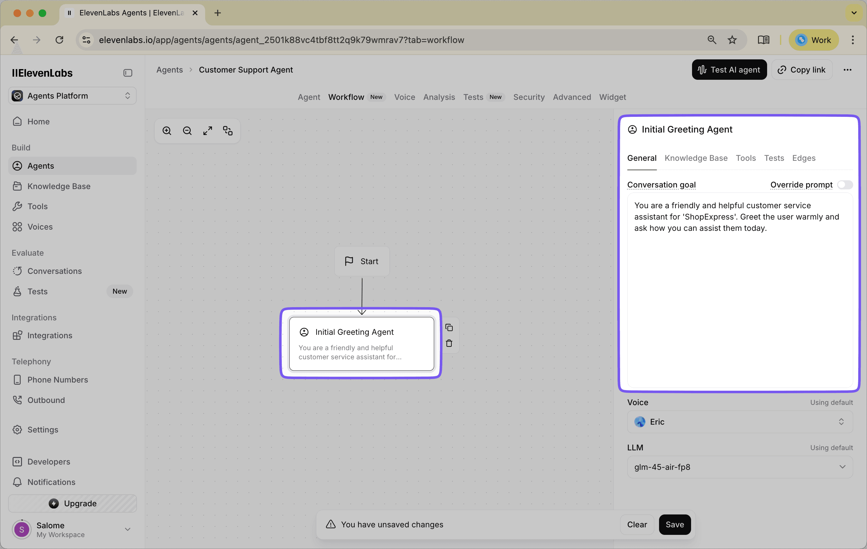 Initial Greeting Agent node in ElevenLabs Agent Workflows.