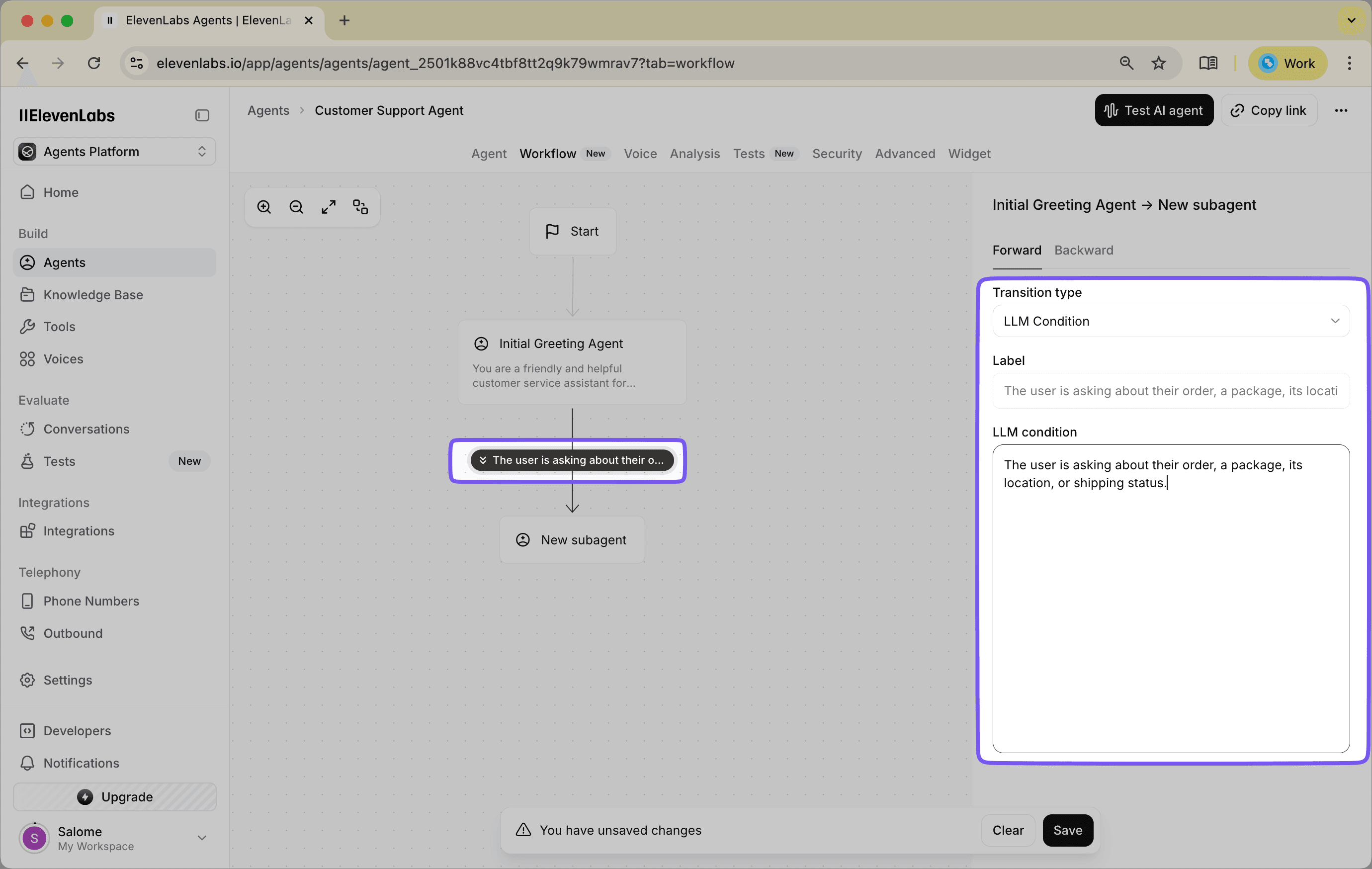 LLM Condition configuration for 'Check Order Status' path.