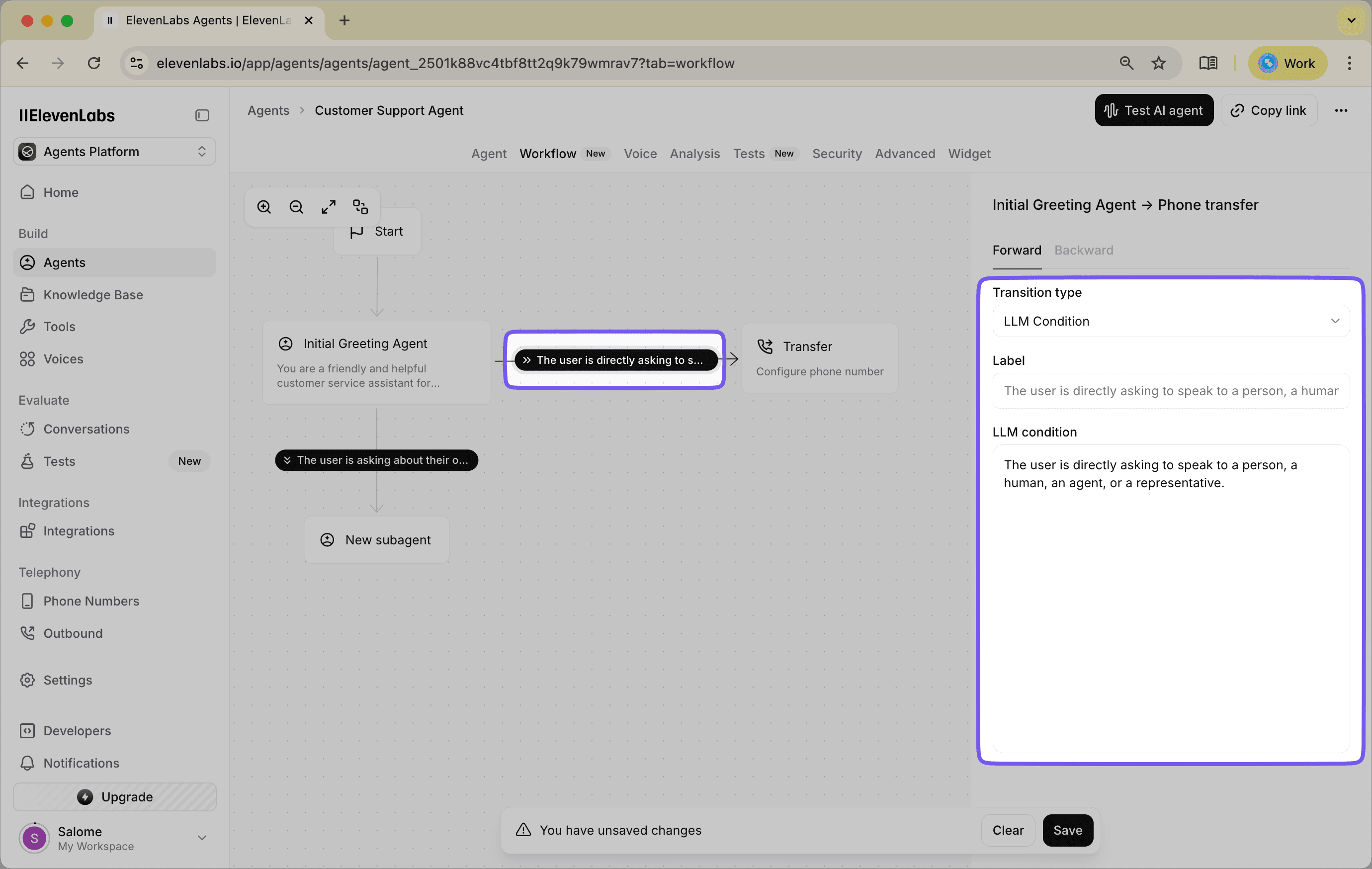 LLM Condition configuration for 'Speak to a Human' path.