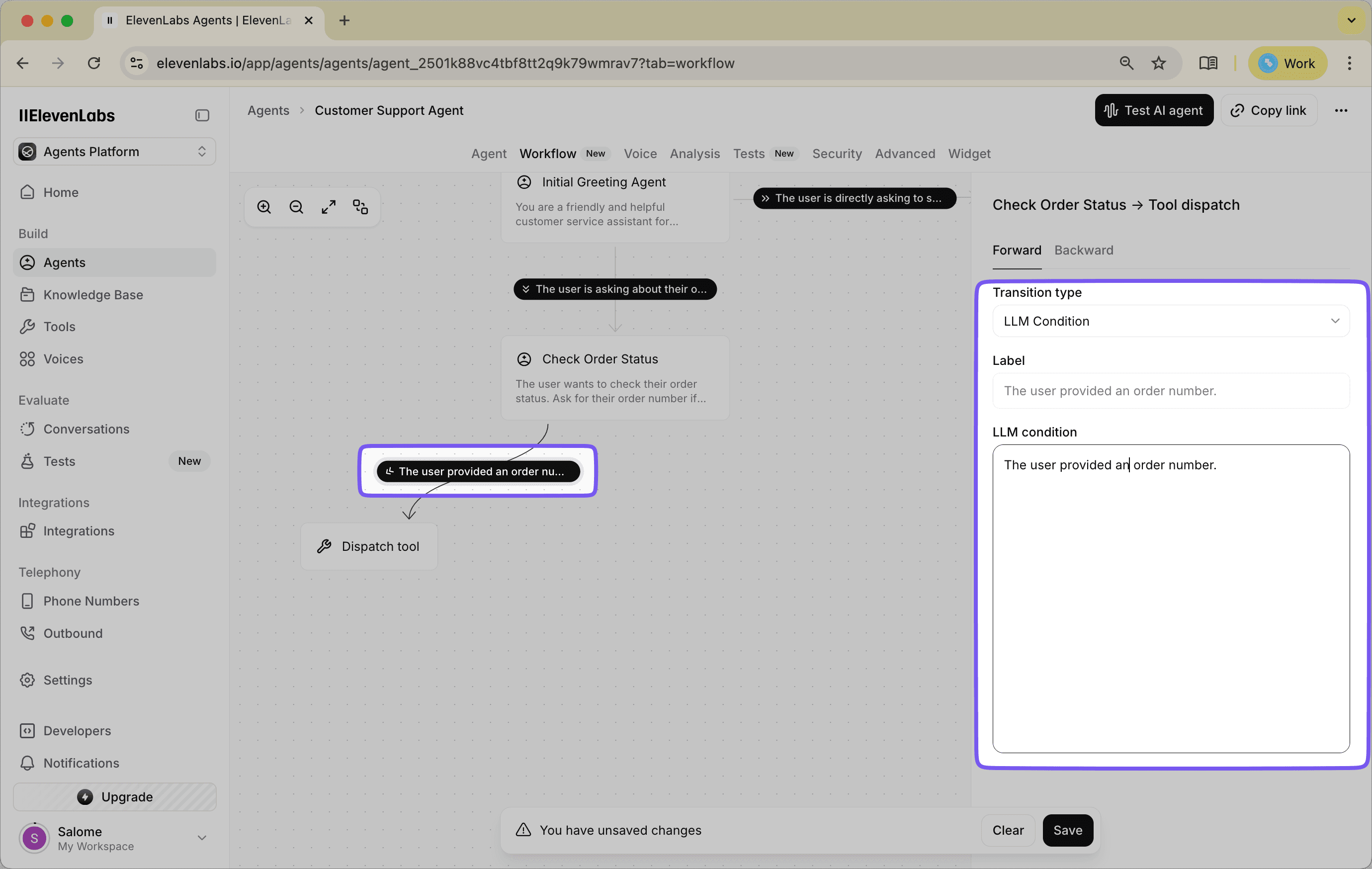 LLM Condition configuration for dispatching a tool after an order number is provided.
