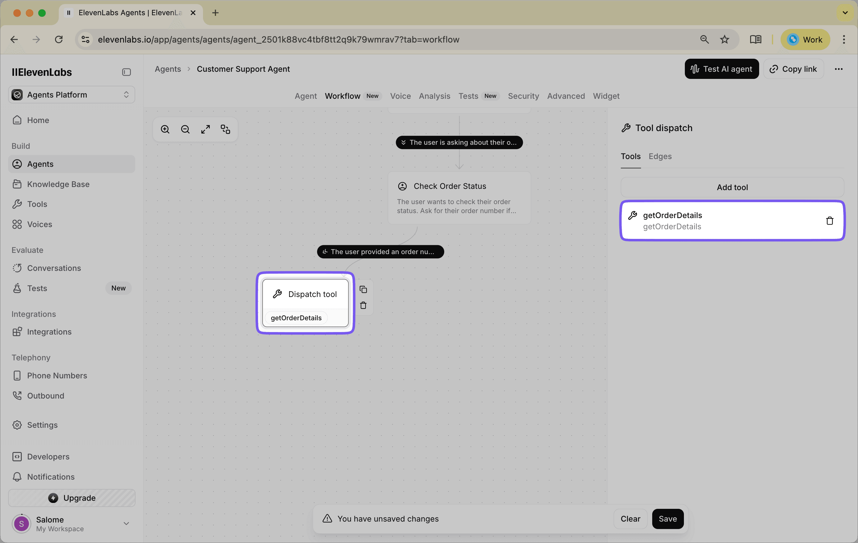Dispatch Tool Node configured to use the 'getOrderDetails' tool.