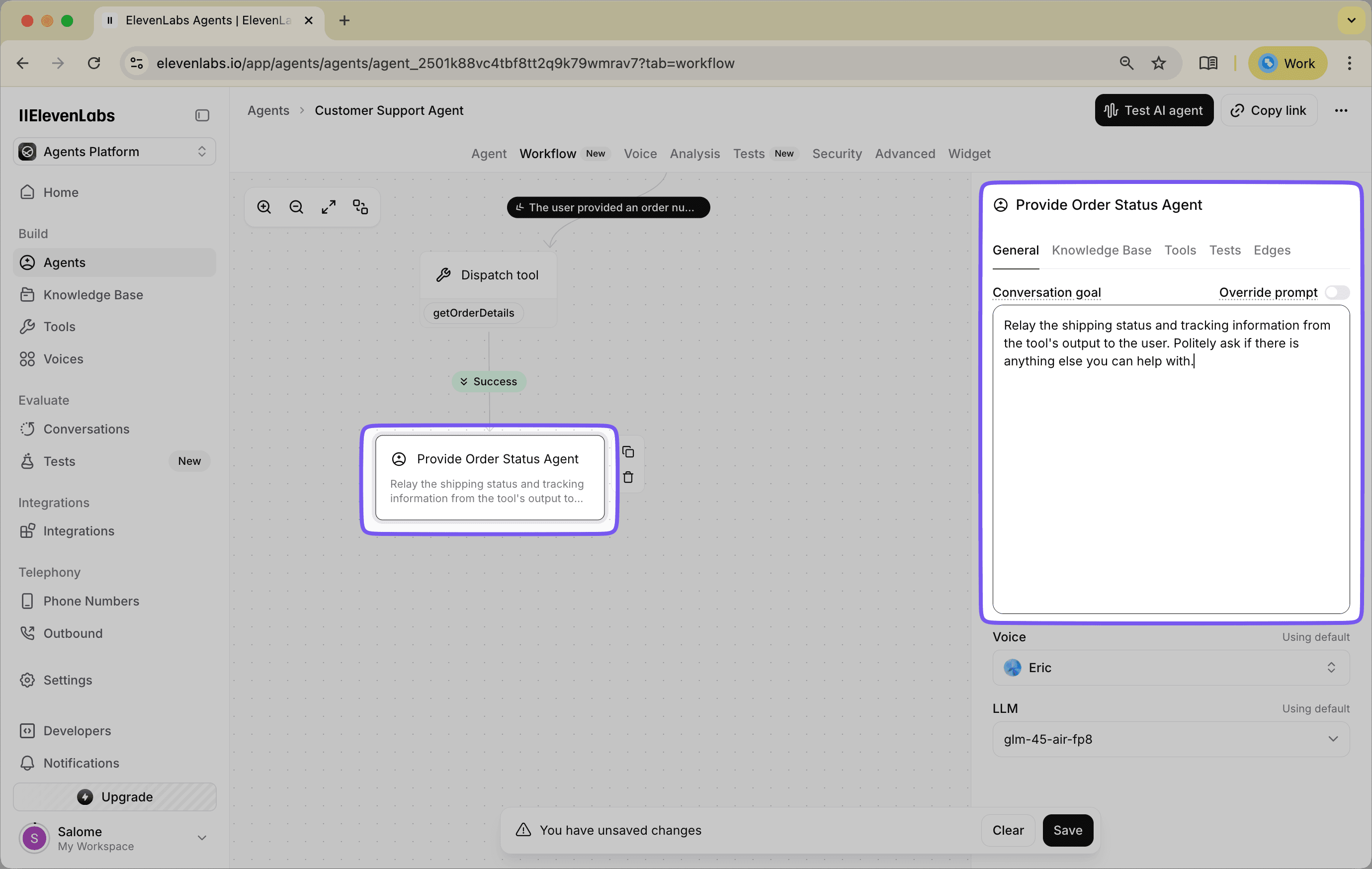 Subagent prompt configuration for providing order status.